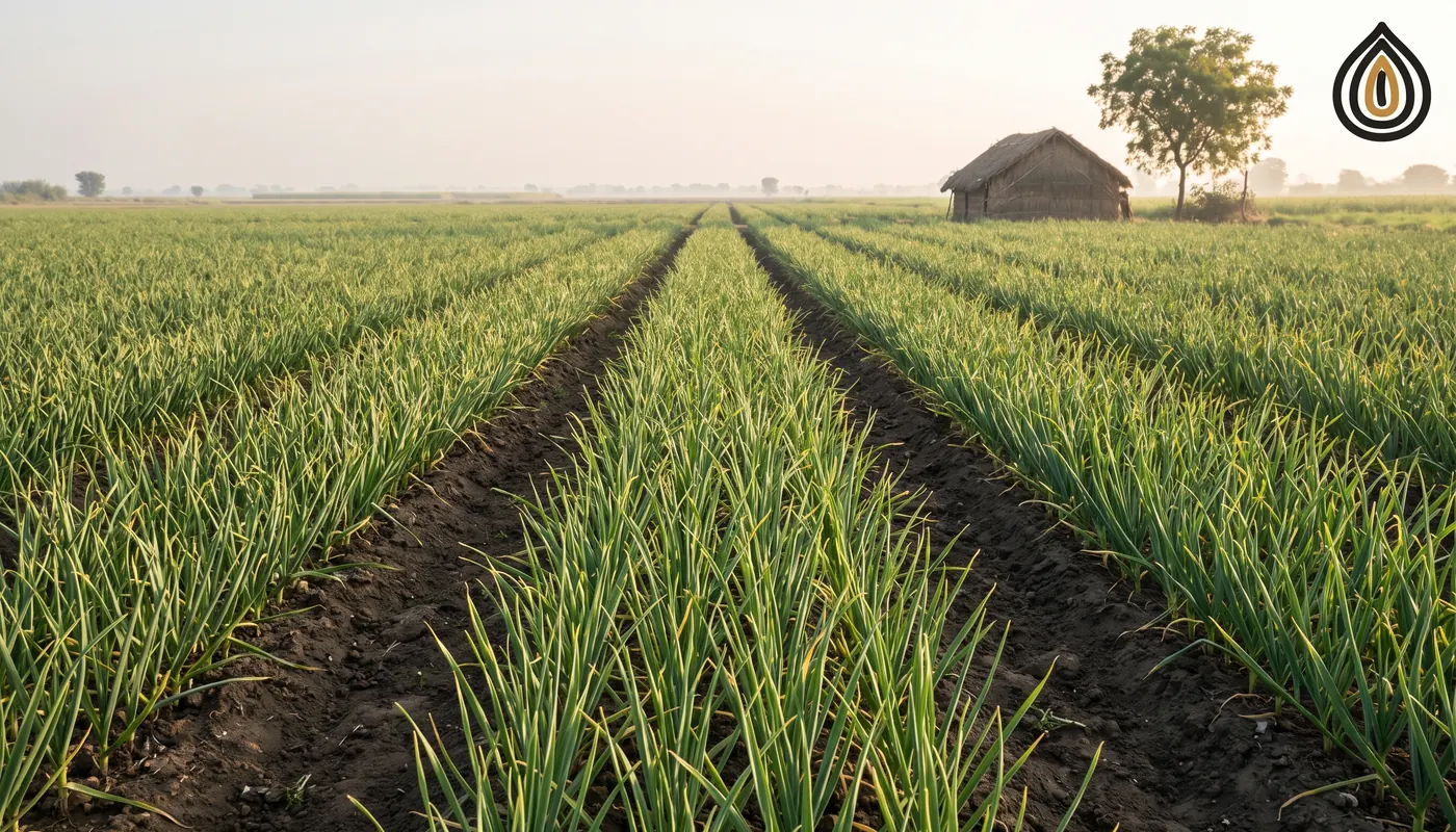 Garlic field in central Gujarat with rows of narrow green leaves and a farmer's hut, winter morning light