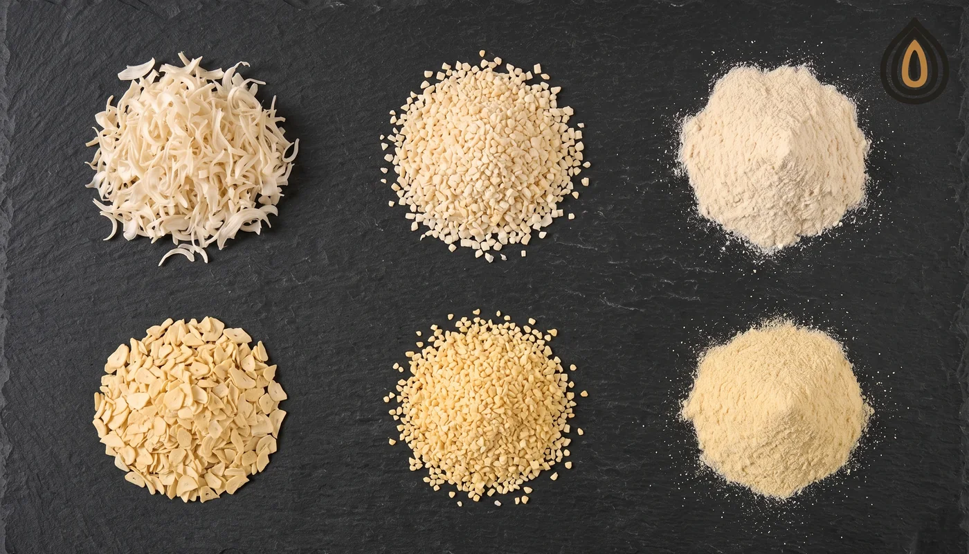 Garlic and onion cuts in two rows, flakes, granules and powder of each, the garlic pieces smaller and yellower