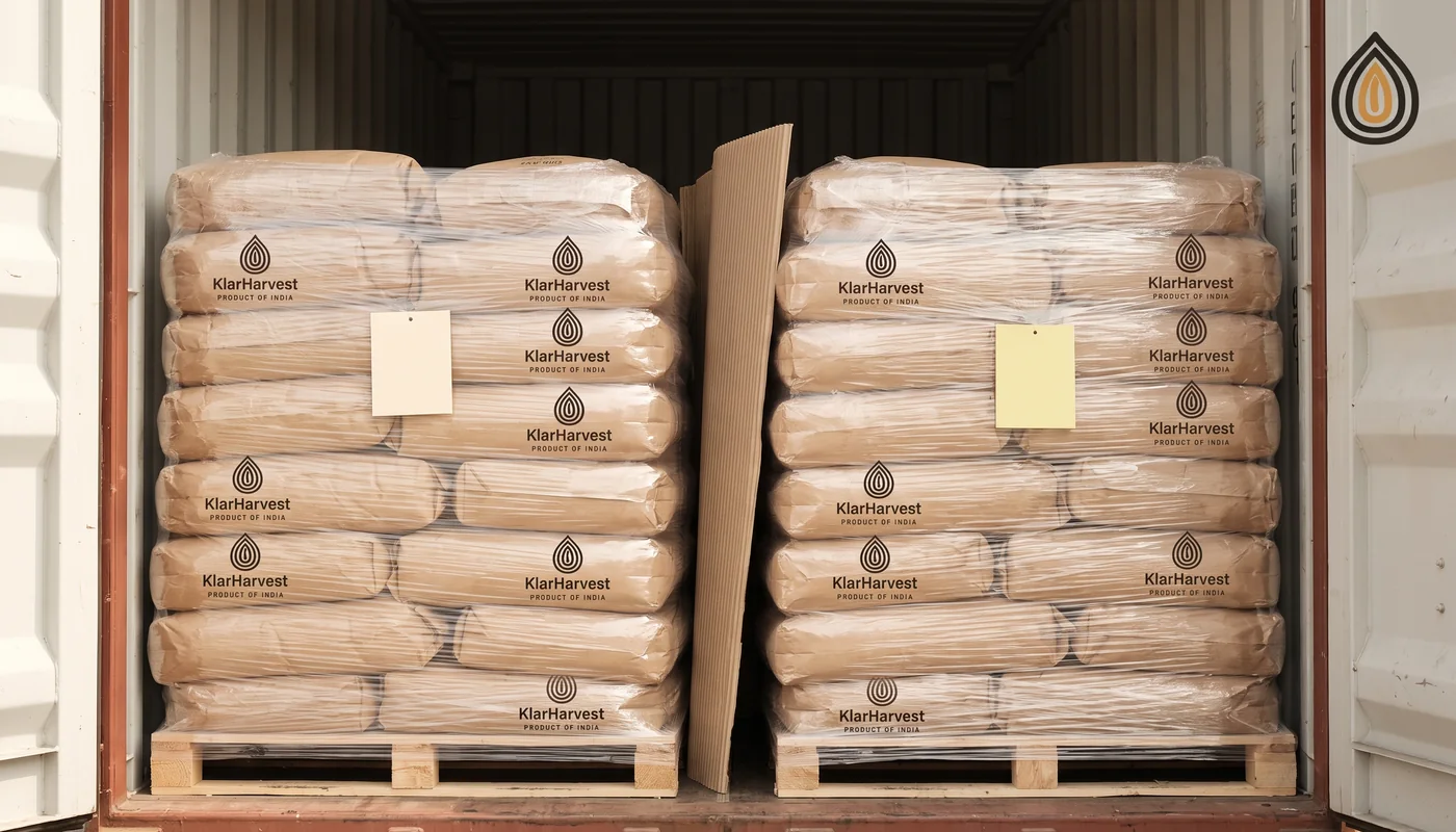 Pallets of kraft bags in a container, some marked with a small tag for onion and some for garlic, loaded together