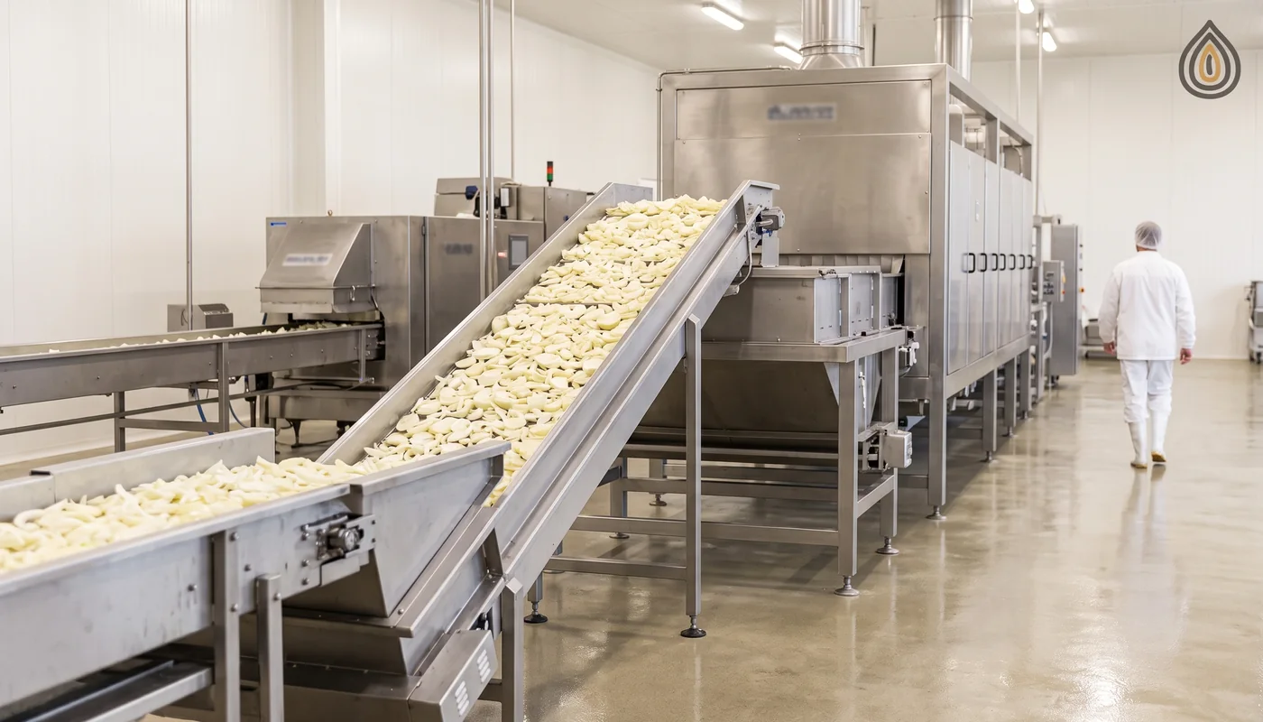 Clean dehydration plant hall with only onion on the line, stainless steel equipment and no other ingredients in sight