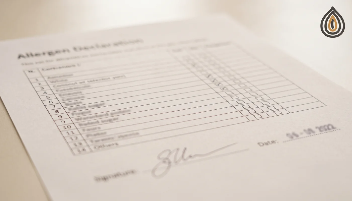 Close-up of an allergen matrix document with fourteen rows and columns for present, cross-contact and absent