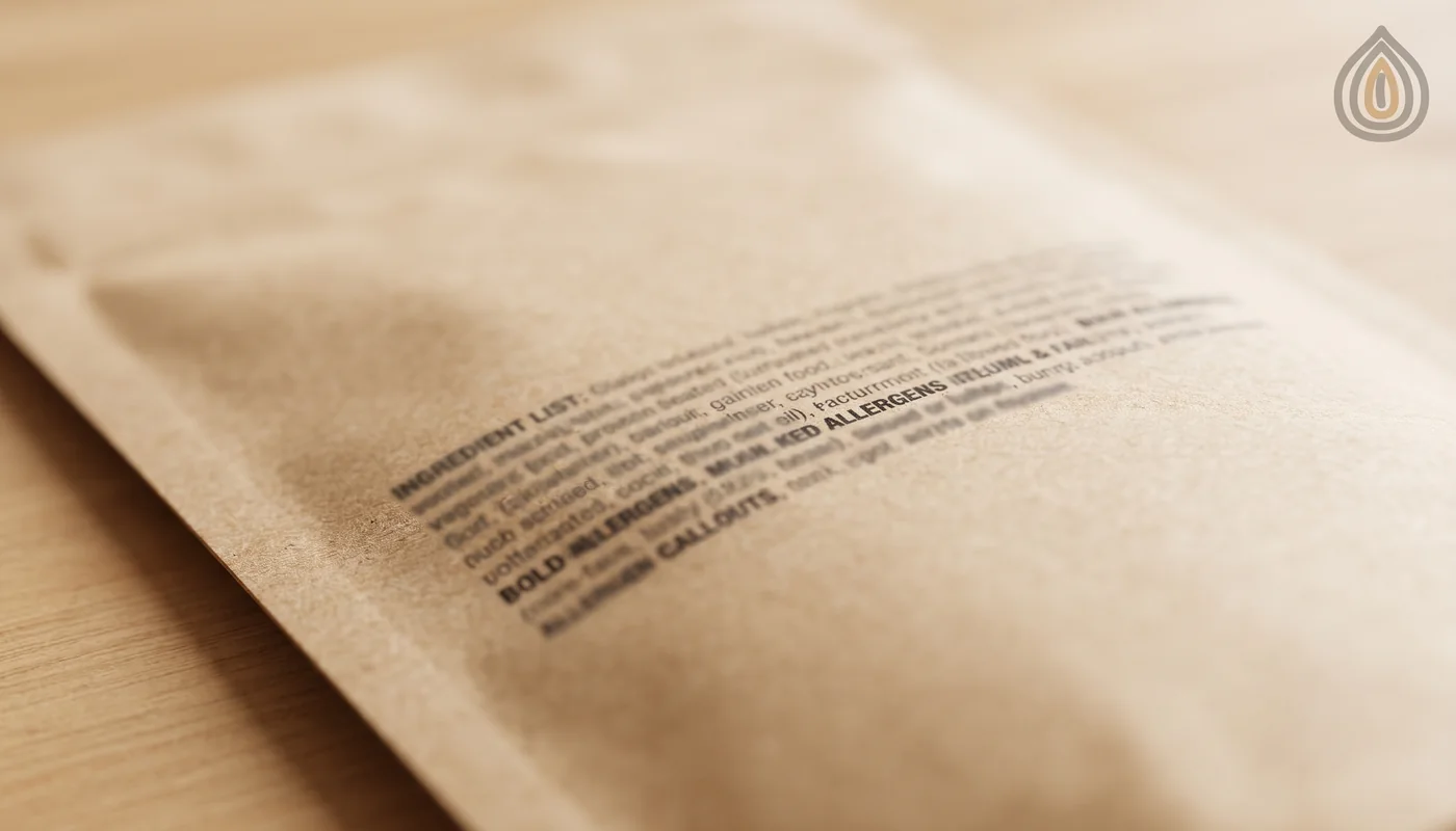 Retail soup mix pack with the ingredient list in focus and allergens emphasised in bold, brand blurred