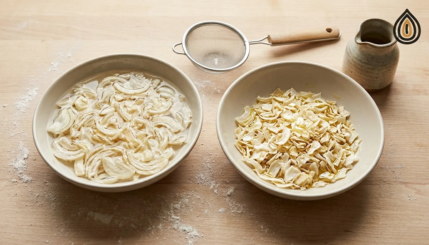 Dried onion flakes soaking in a shallow bowl of water beside a bowl of oiled flakes ready for topping
