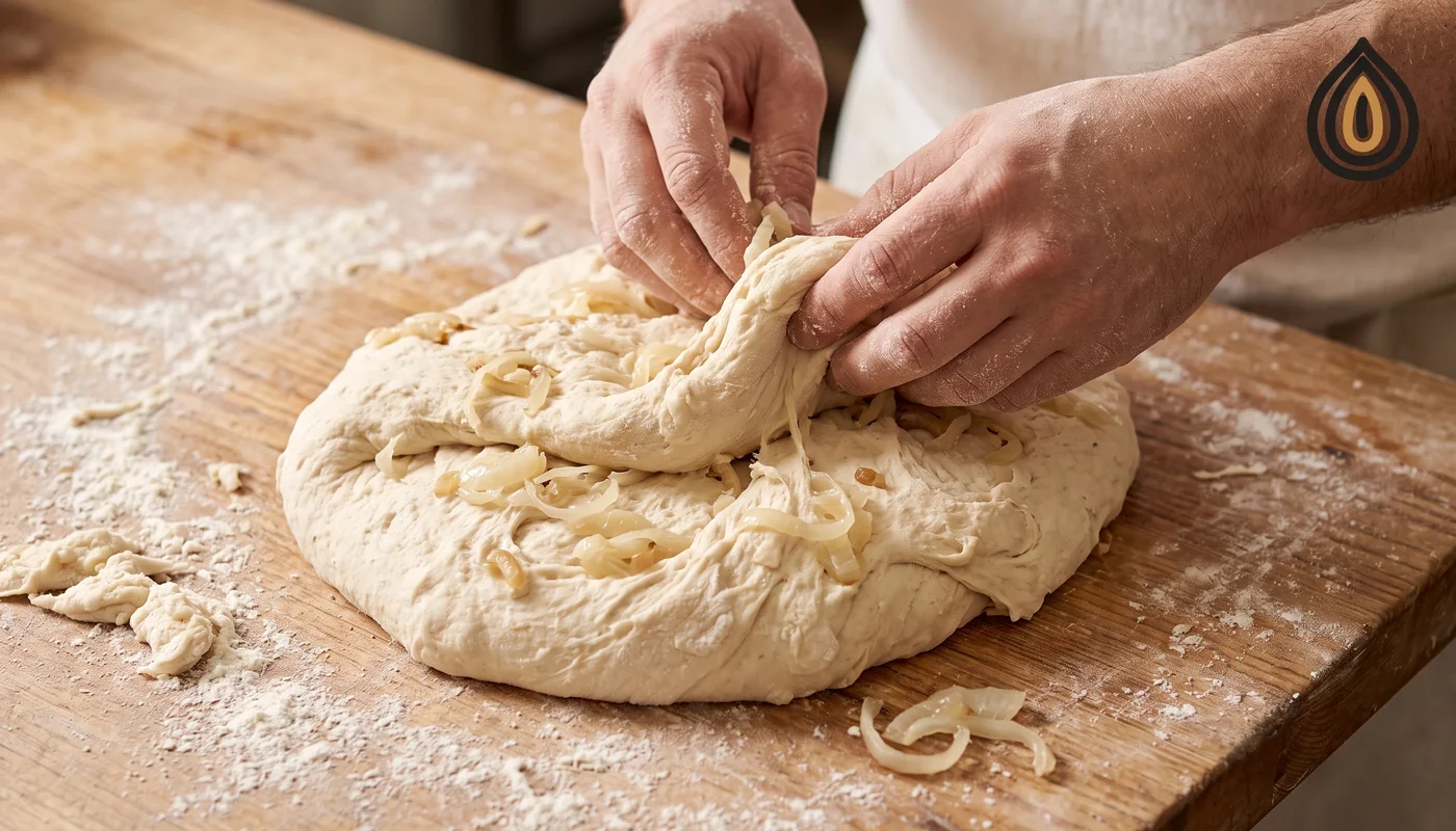 Bread dough on a floured bench with rehydrated onion pieces being folded in by a baker's hands