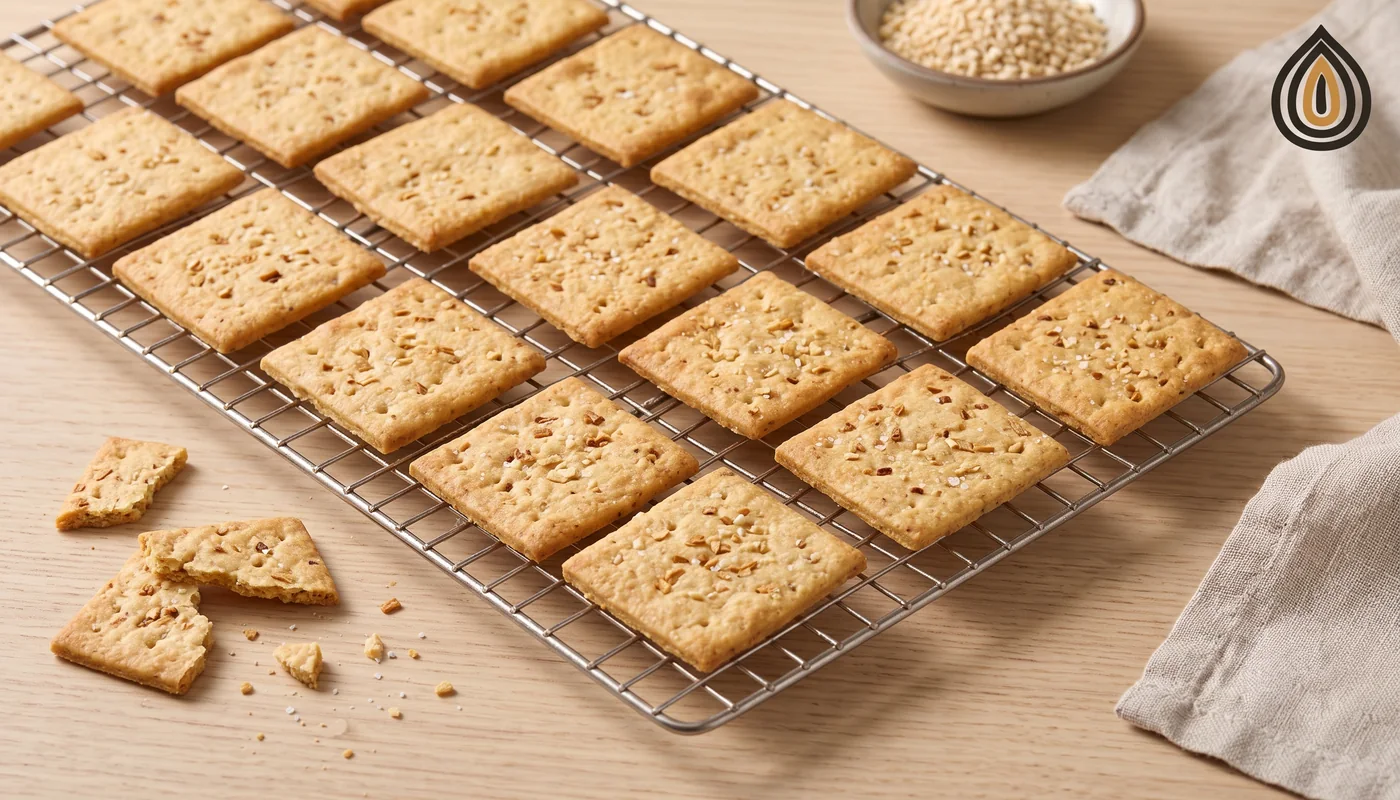 Thin savoury crackers on a cooling rack with fine onion granules baked into the surface