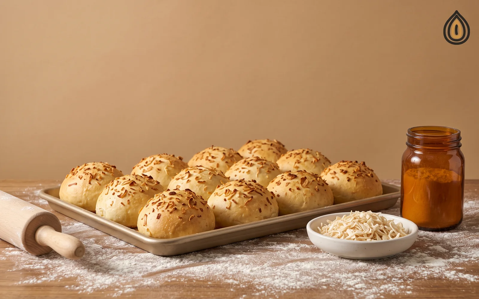 Tray of golden onion rolls fresh from the oven with toasted onion flakes on the crust and a bowl of dry flakes beside them