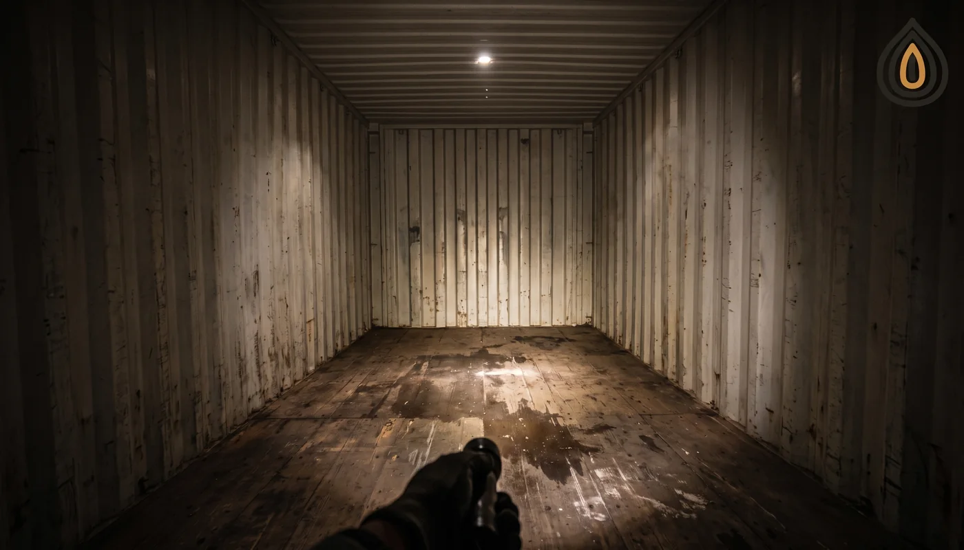 Empty container interior being inspected with a torch, light showing through a pinhole in the roof