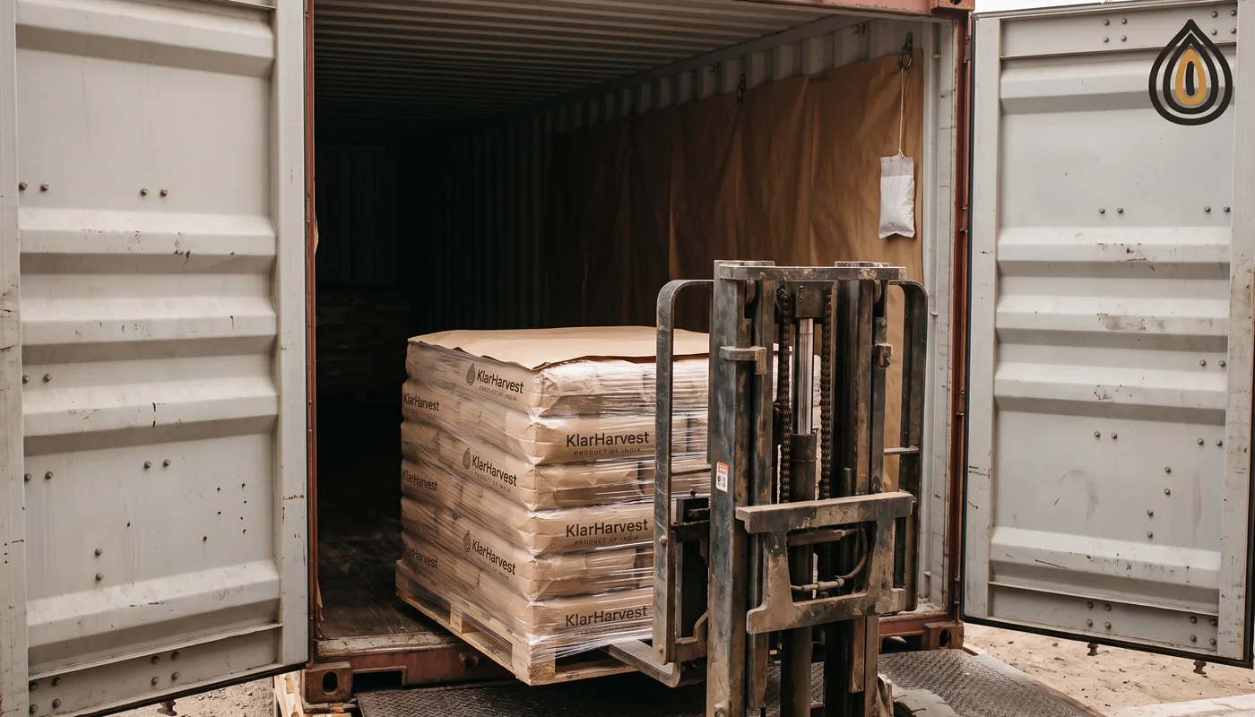 Forklift placing a pallet of kraft bags into a container with kraft paper lining the walls and a desiccant bag hanging