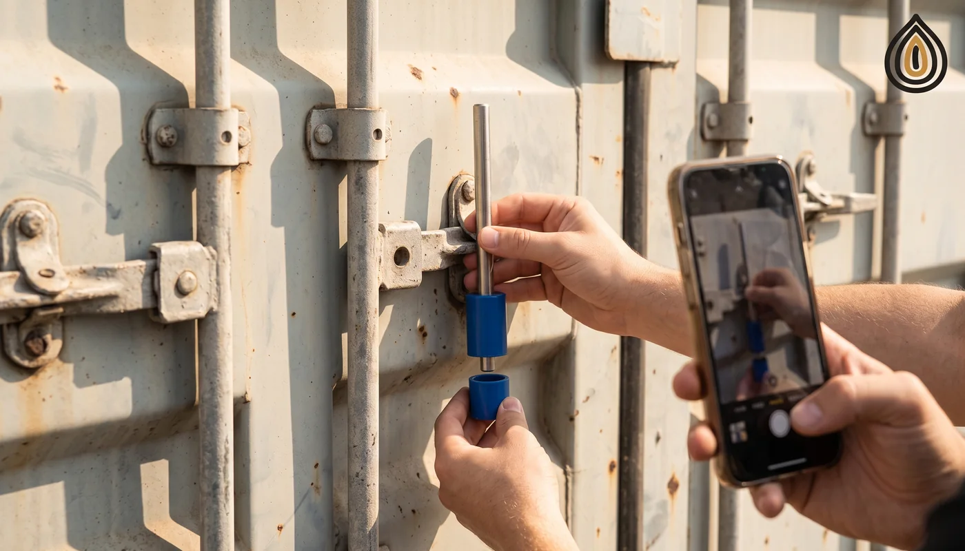 Electronic bolt seal being fitted to the closed doors of a loaded container, a phone filming the seal number