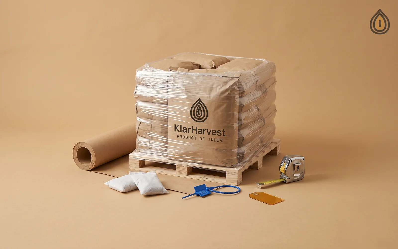 Wrapped kraft sacks on a pallet with kraft lining, desiccant bags, a bolt seal and a tape measure on a plain backdrop