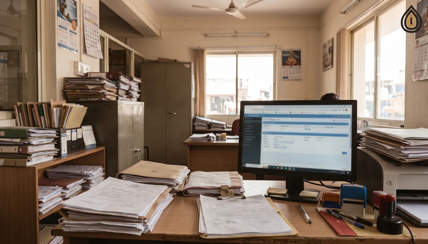 Customs broker's office in a port town with files, a monitor showing a blurred form and a printer