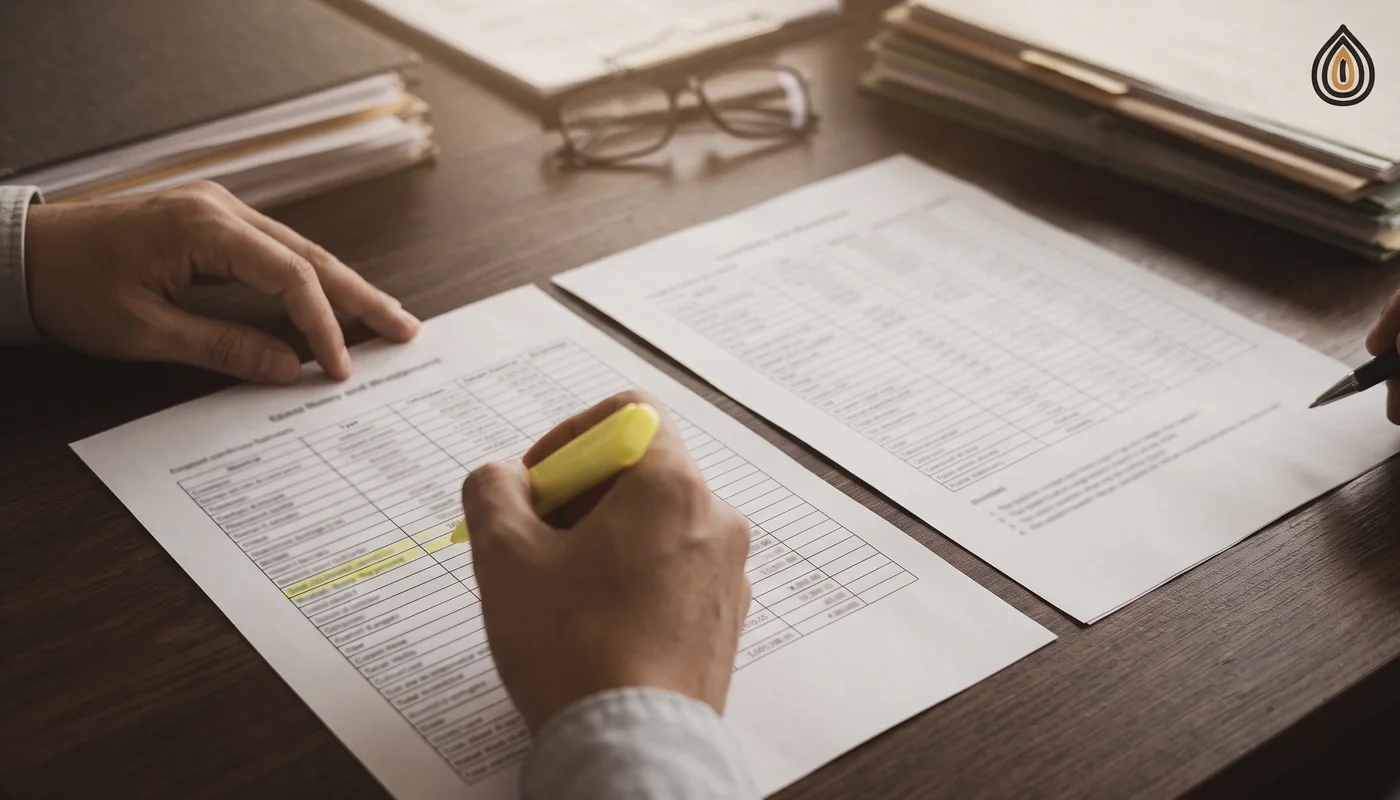 Two people's hands at a desk comparing a packing list against a bill of lading draft with a highlighter