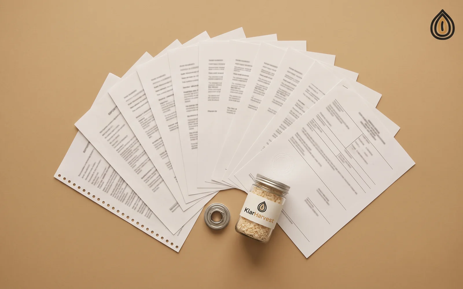 Complete set of export documents fanned out on a desk with a sample jar of onion flakes and a container seal