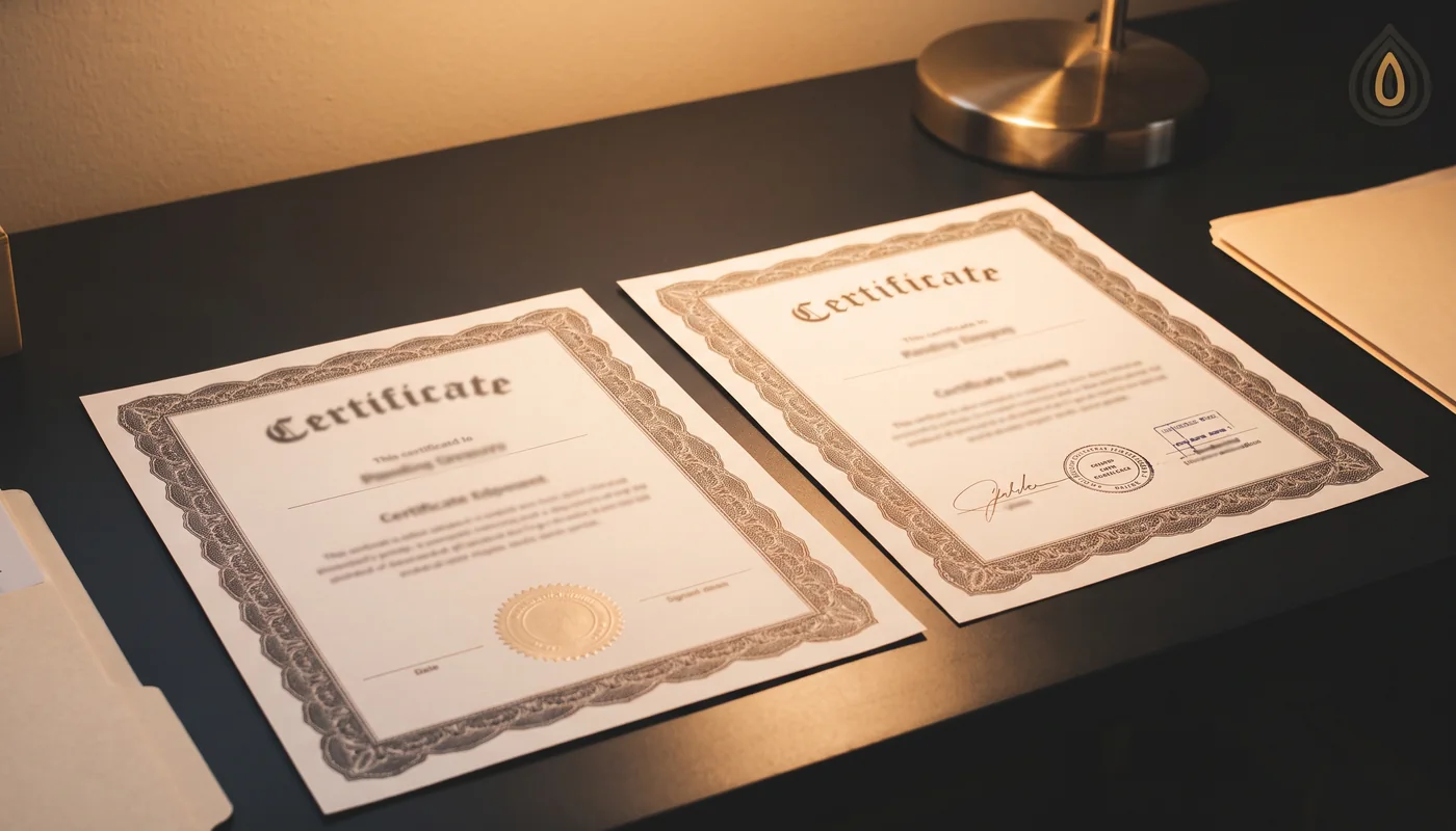 Two certificate documents side by side under a lamp, one with a different company name visible as a blurred heading