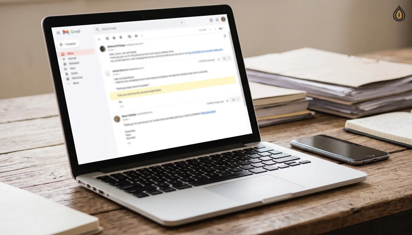 Laptop screen showing a blurred e-mail thread with a highlighted line about new bank details