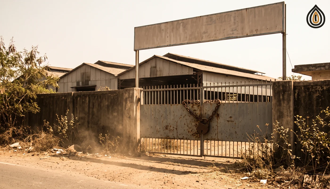 Closed factory gate with a rusted chain and a faded sign, seen from a dusty road
