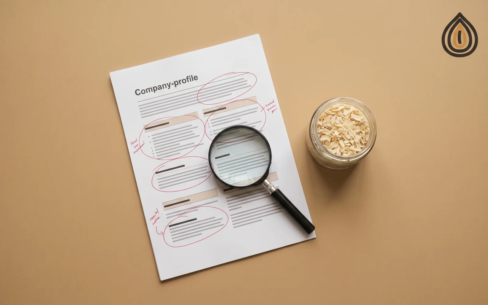 Desk with a printed supplier profile marked with red flags beside a sample jar of dried onion and a magnifying glass