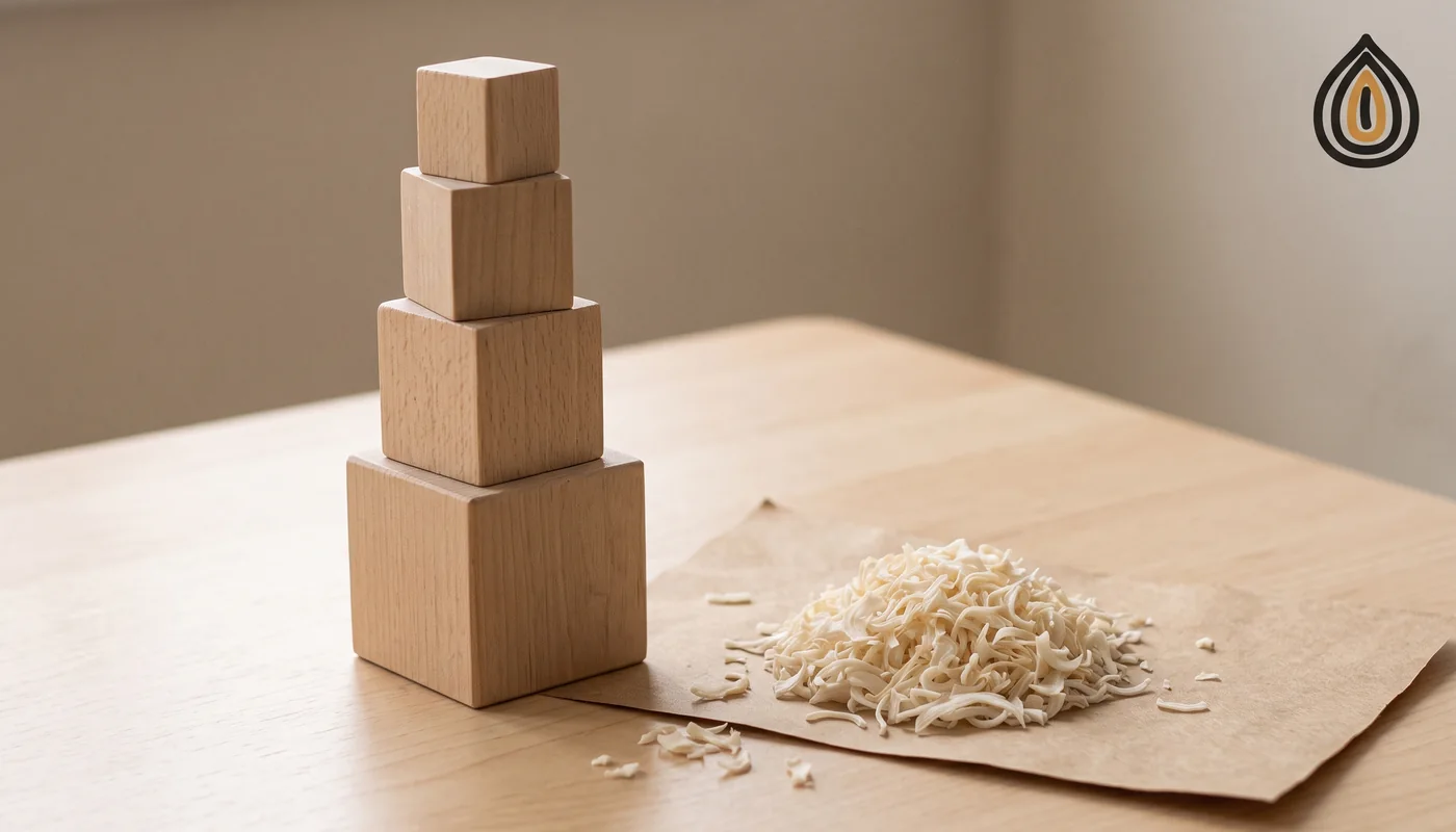 Stacked wooden blocks of increasing size on a desk beside onion flakes, representing the cost layers from plant to door