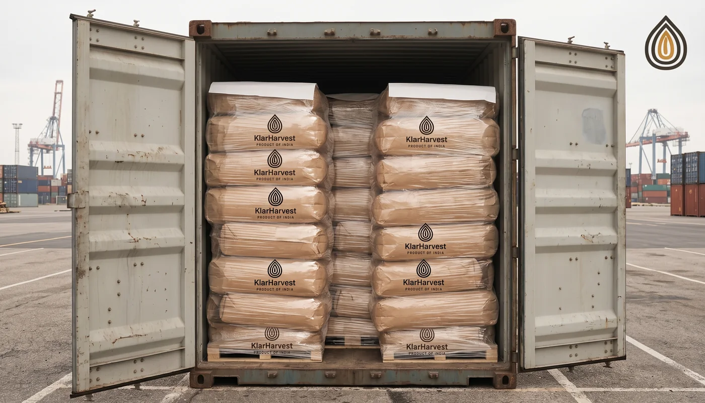 Loaded pallets of kraft bags inside a container seen from the open doors at a European terminal
