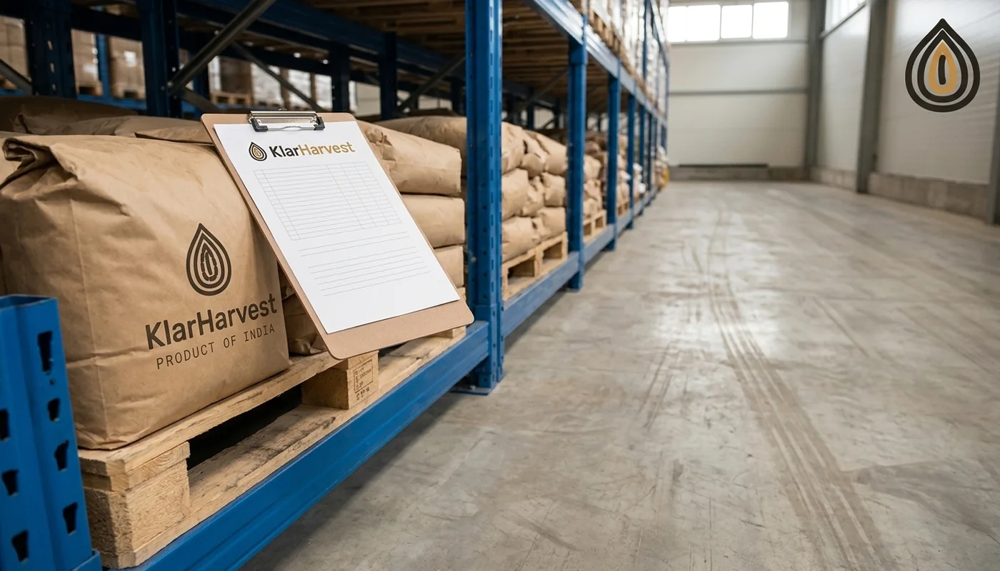 Pallets of dehydrated onion on racking in a European warehouse with a clipboard resting on the nearest bag