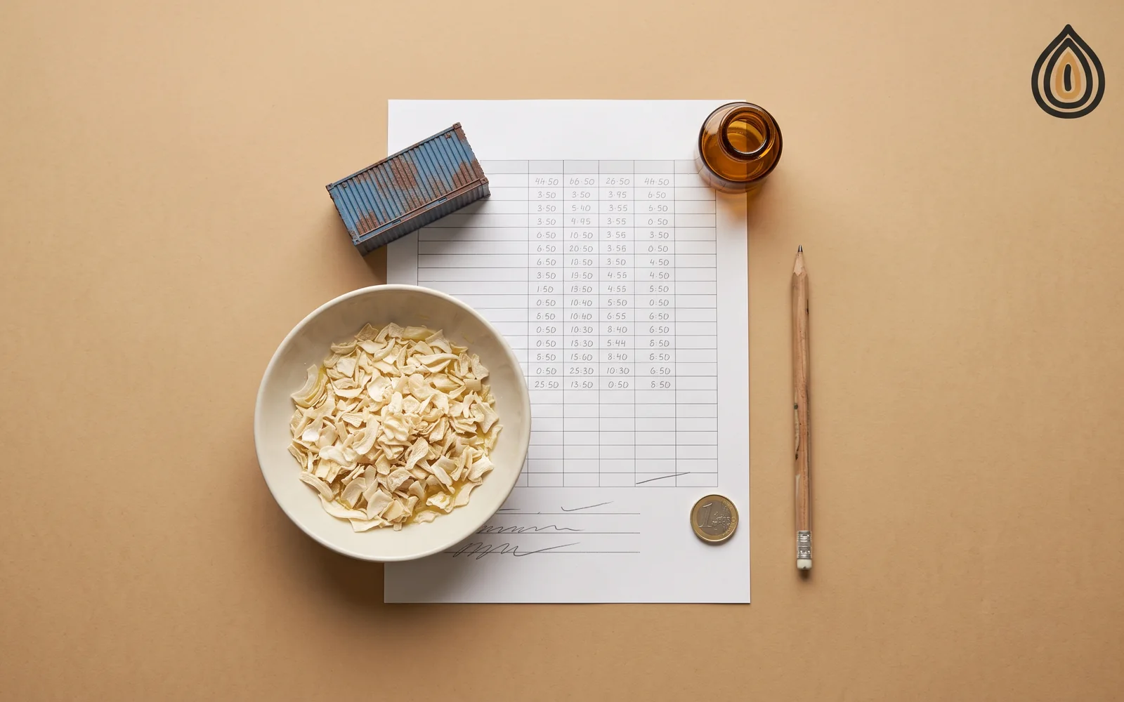 Cost worksheet with a column of figures beside a bowl of dried onion flakes, a container model and a euro coin on a desk