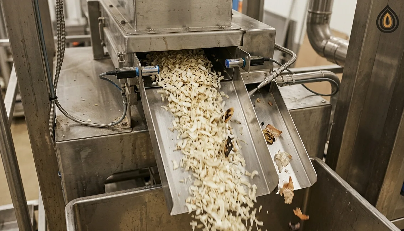 Optical sorter rejecting dark pieces from a stream of ivory onion flakes with air jets, seen from above