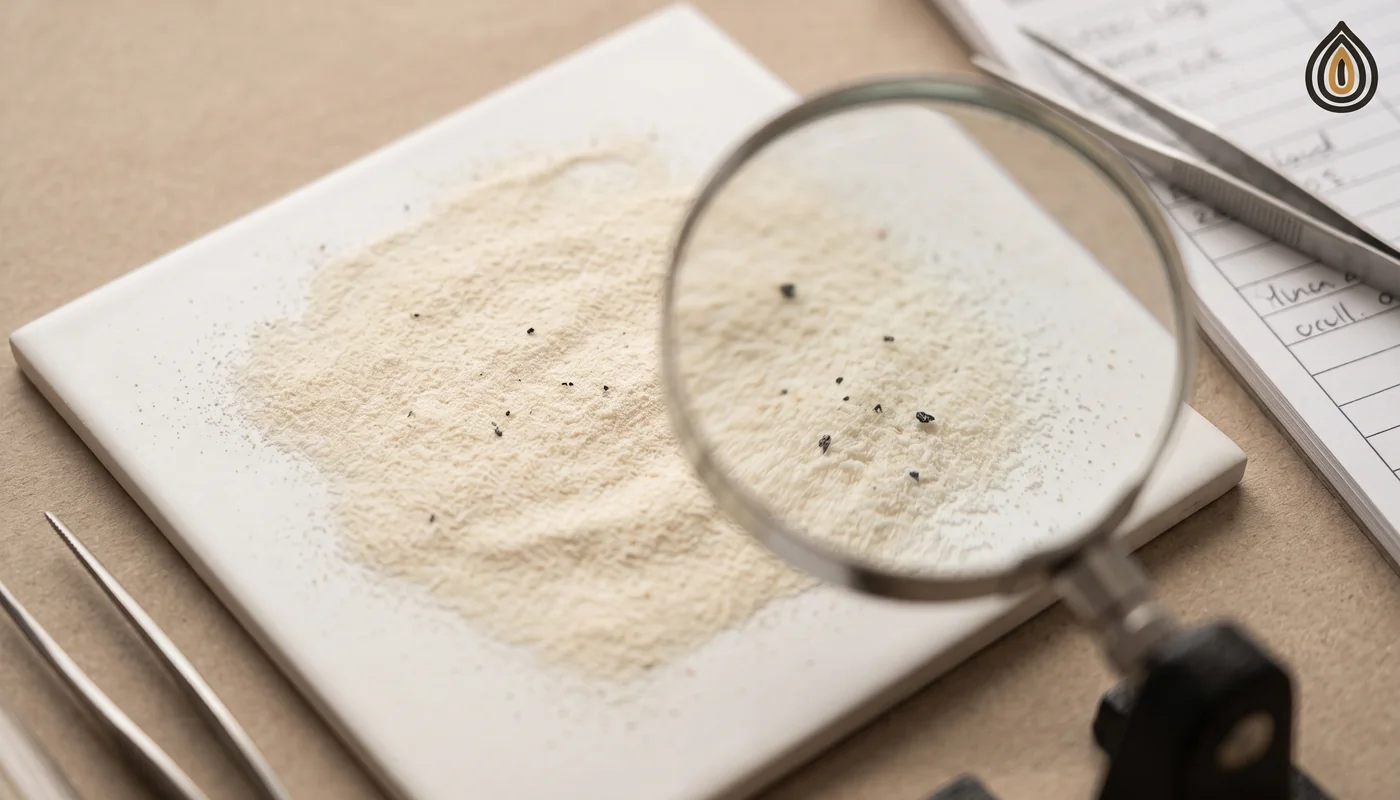 Close-up of onion powder spread thin on a white tile with several black specks visible under a magnifier