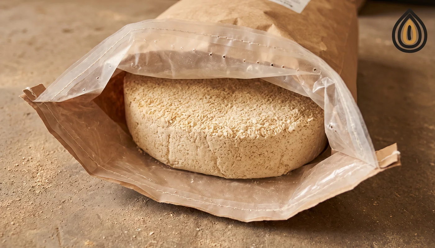 Opened kraft bag with a solid caked block of onion granules and a punctured liner visible at the seam