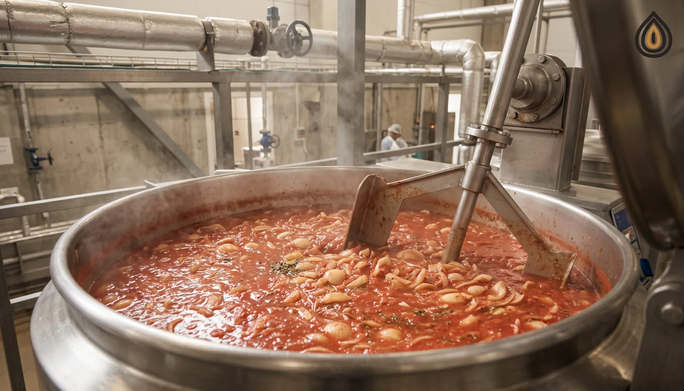 Steam-jacketed kettle of tomato sauce being stirred with rehydrated onion pieces visible, plant setting