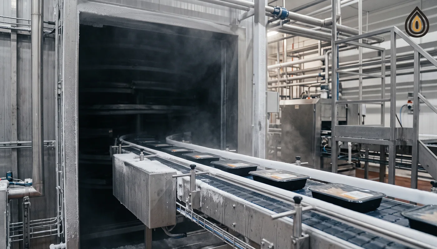 Ready-meal trays on a conveyor entering a spiral freezer, frost forming on the rails