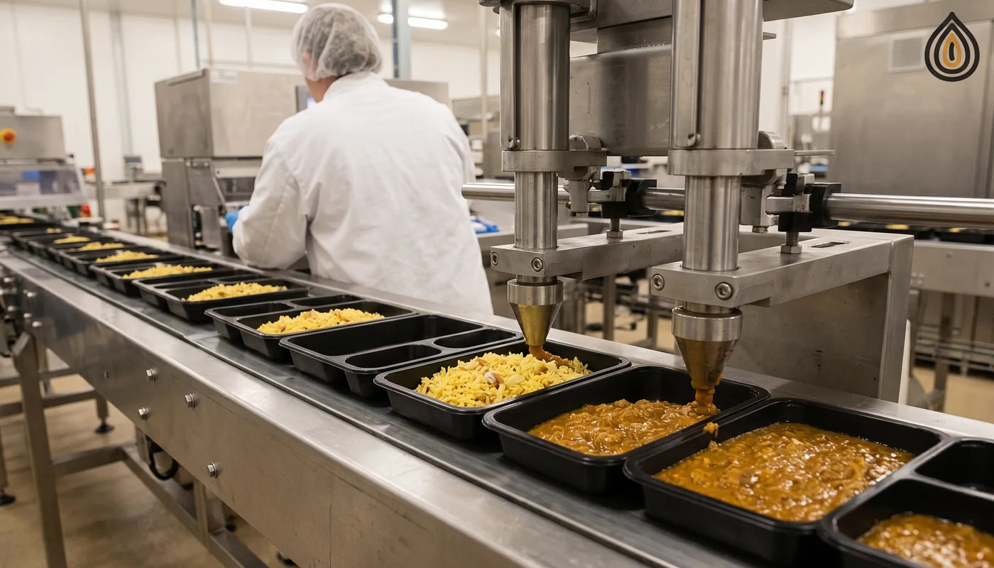 Assembly line depositing rice, sauce and vegetables into meal trays with an onion component visible