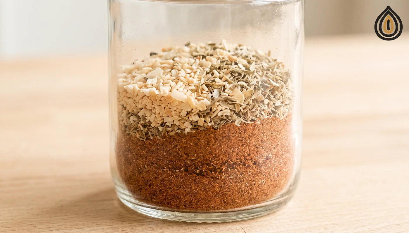 Clear jar of a seasoning blend showing fine powder settled at the bottom and coarse granules at the top