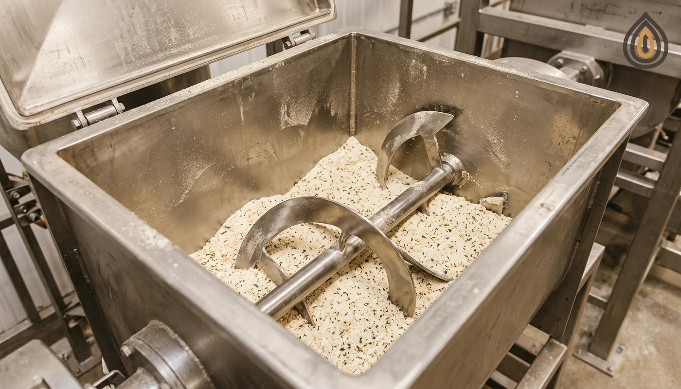 Stainless steel ribbon blender open from above with a pale seasoning blend inside, onion granules visible