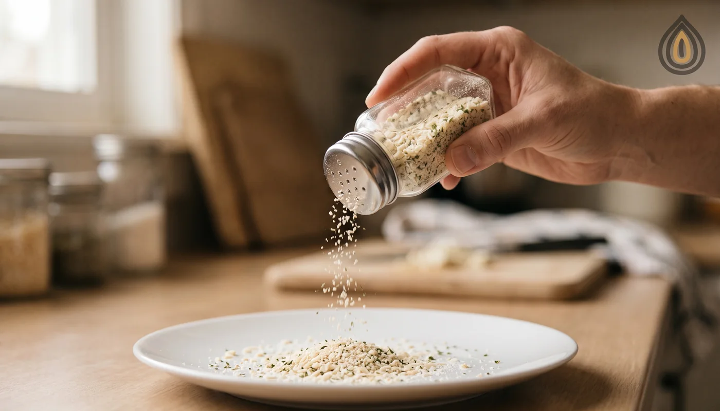 Retail shaker of onion salt blend with a hand tipping it onto a plate, blurred kitchen background