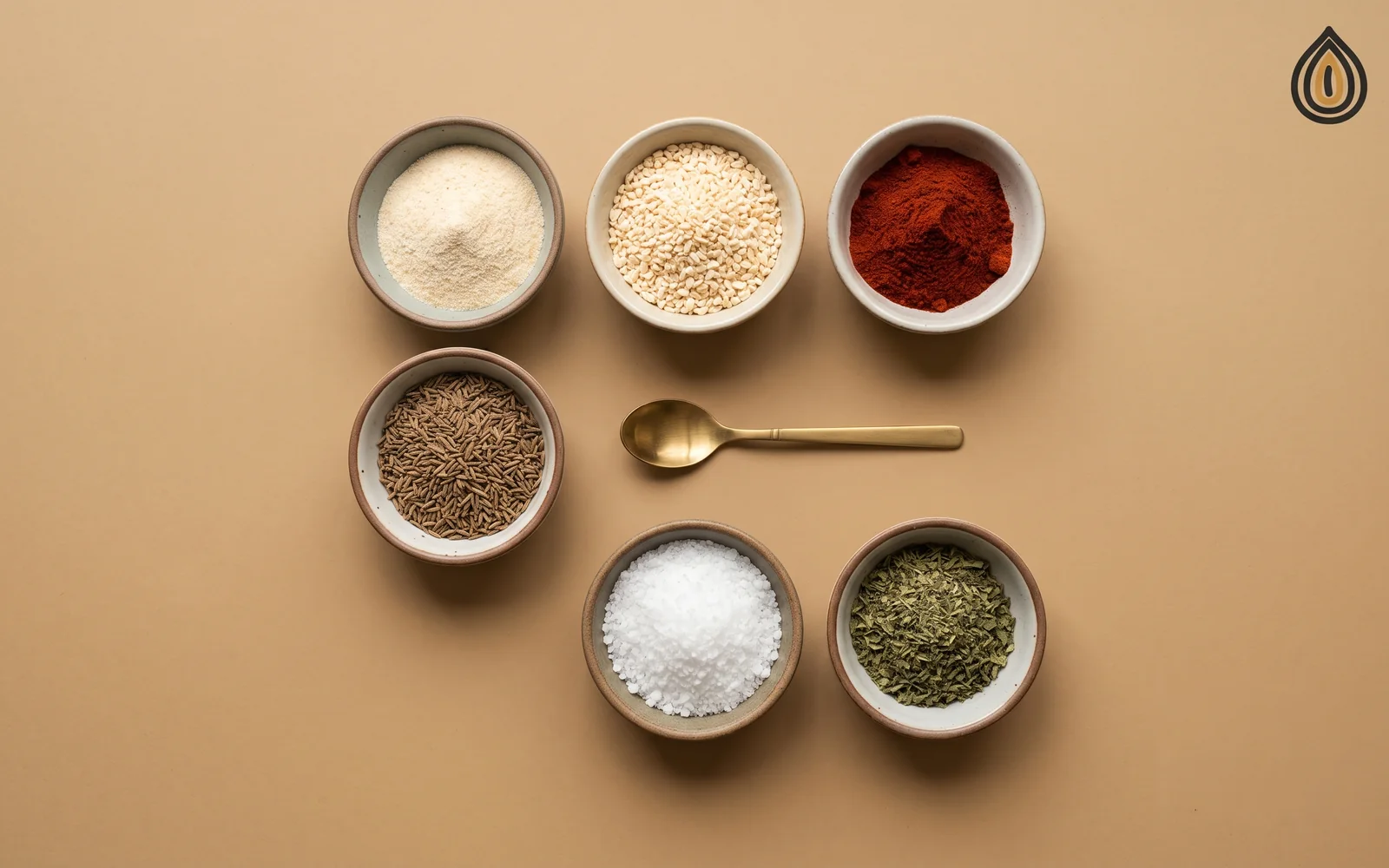 Small bowls of onion powder, onion granules, paprika, cumin, salt and dried herbs arranged on slate for blending