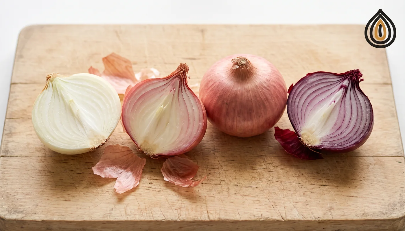 Fresh pink onions with rose-tinted skins and pale flesh halved on a wooden board beside a white and a red onion