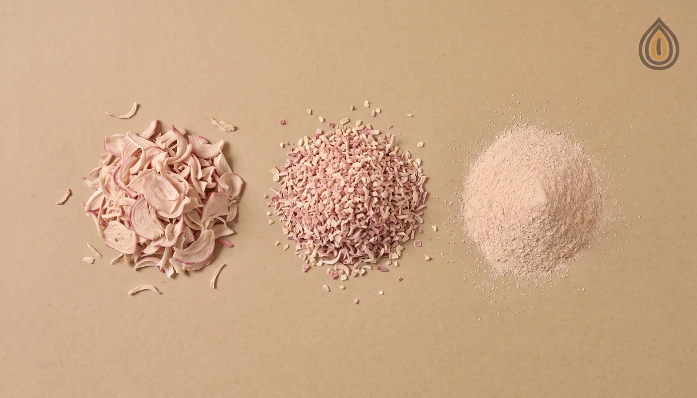 Pink onion flakes, granules and powder in a row on kraft paper showing the colour fading as the cut gets finer