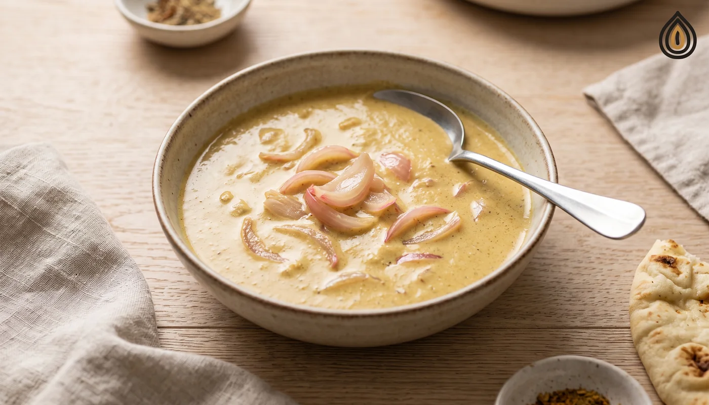 Bowl of a pale curry sauce with soft pink-edged onion pieces visible on the surface