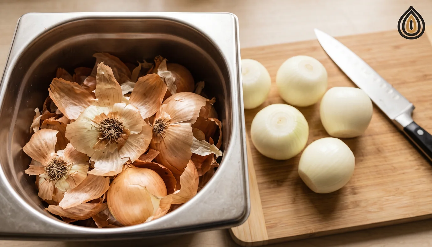 Onion peelings, root ends and outer layers in a stainless steel bin beside peeled onions on a cutting board