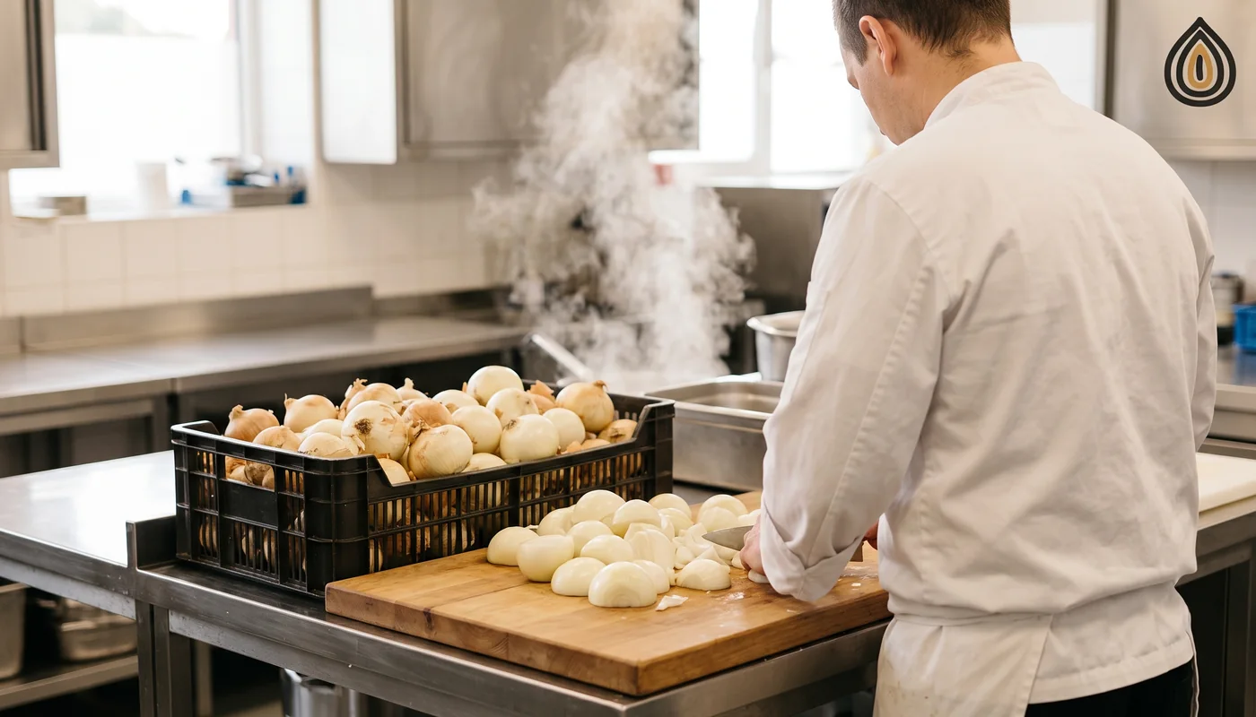 Kitchen worker seen from behind chopping onions on a large board in a commercial kitchen