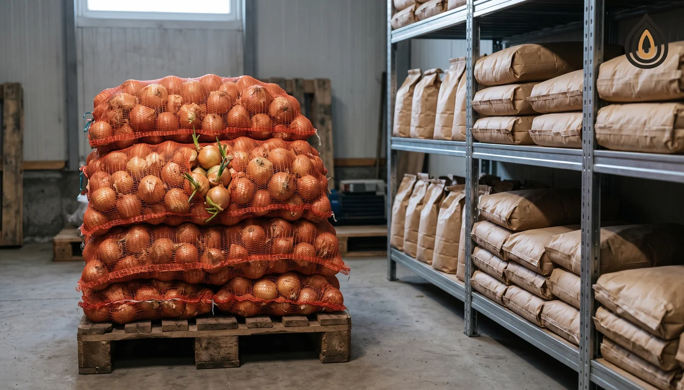Sacks of fresh onions on the floor of a chilled store beside a shelf of sealed bags of dehydrated onion