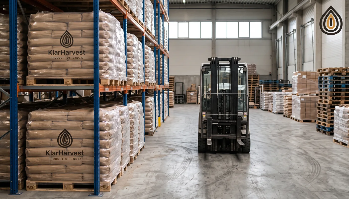 Dried-vegetable trader's warehouse near Rotterdam with racks of kraft bags and a forklift, overcast light