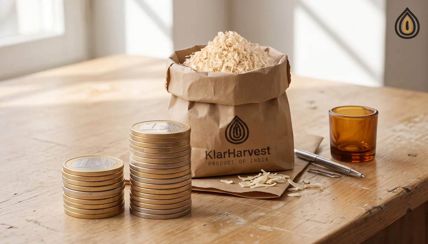 Two stacks of coins of different heights on a desk beside a bag of onion flakes, the trader's price and the direct price
