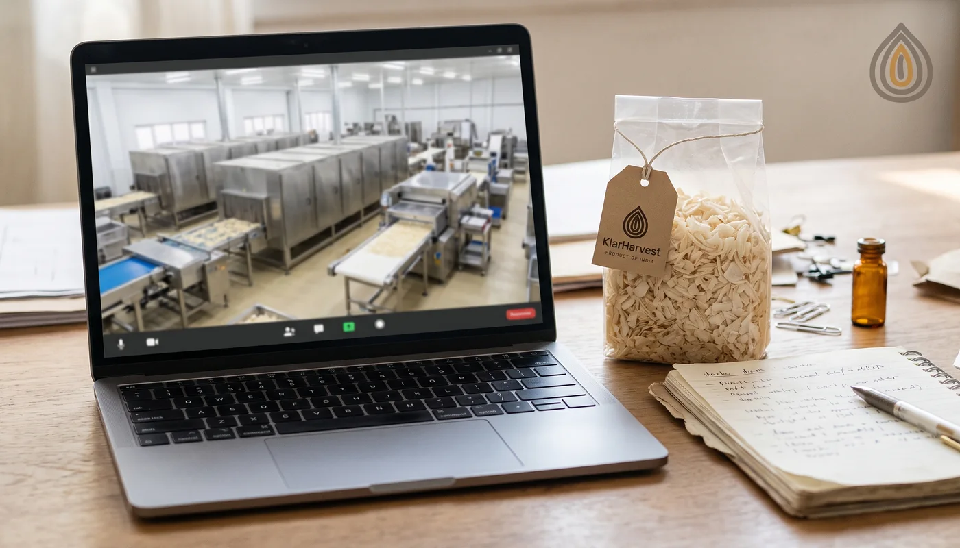Laptop on a desk showing a video call with a plant floor in India, a sample bag of onion flakes beside it