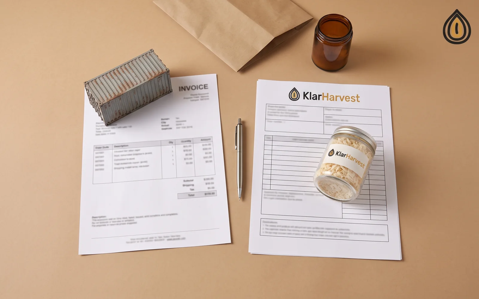 Two invoices on a desk, one beside a container-shaped paperweight and one beside a sample jar of onion flakes