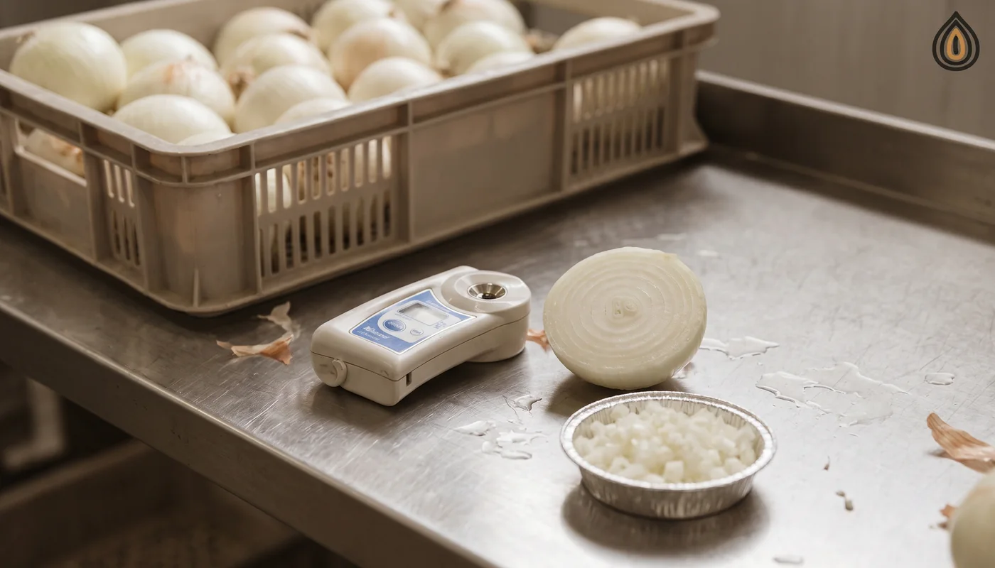 Plant intake bench with a refractometer, a cut onion and a dry-matter oven dish beside a crate of fresh onions