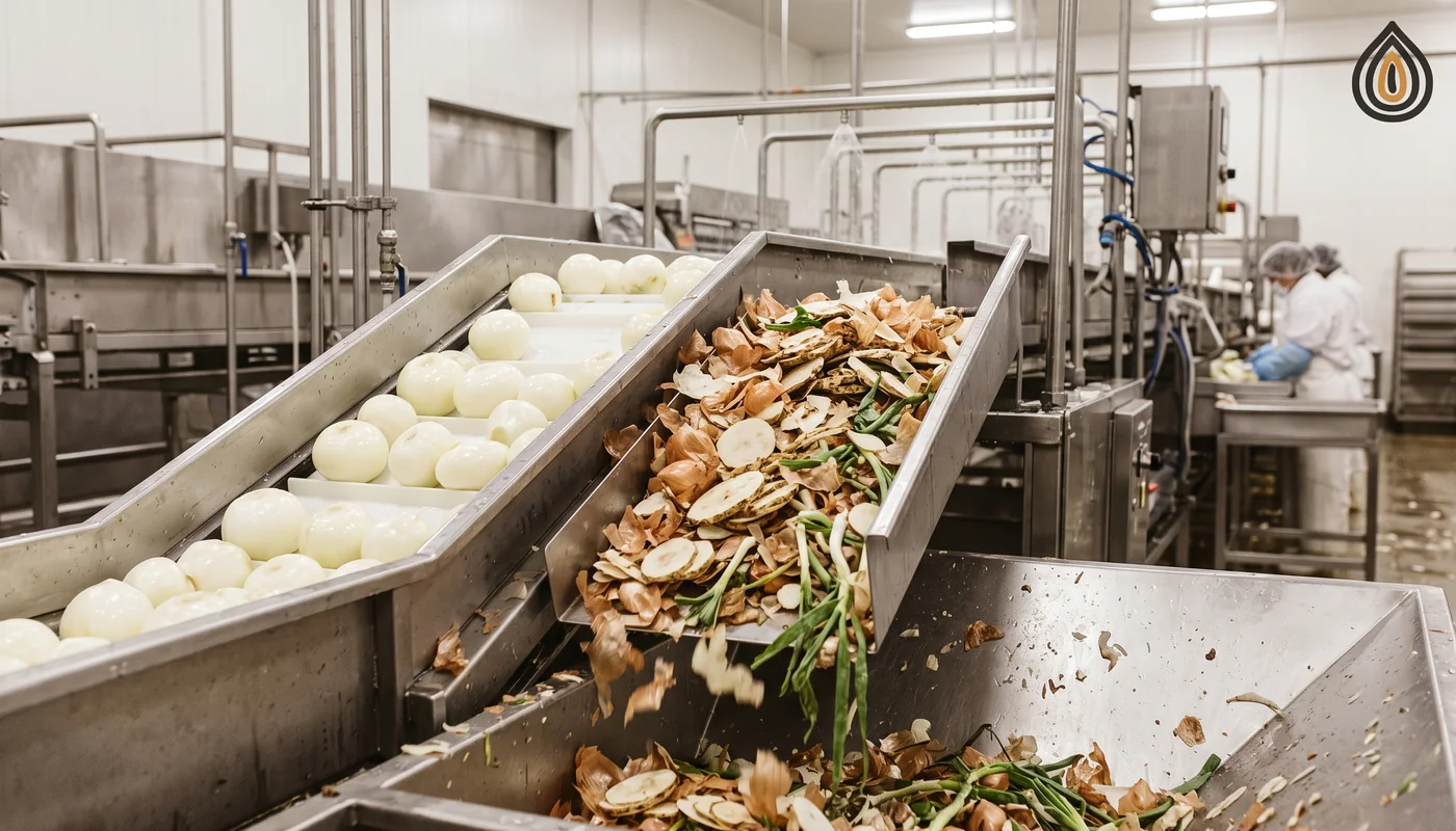Peeling line with onion skins, root plates and tops falling into a waste chute beside peeled white bulbs
