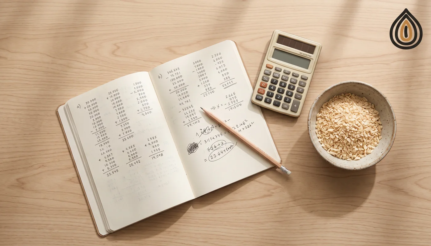 Notebook with a handwritten cost calculation beside a bowl of dried onion granules and a calculator