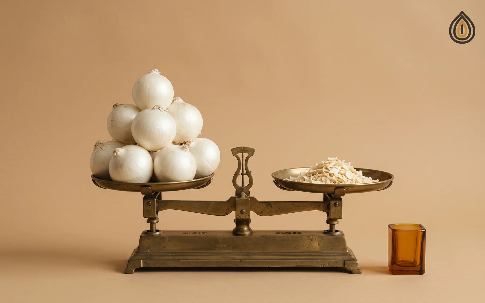 Eight fresh white onions on one side of a balance scale and a small heap of dried onion flakes on the other