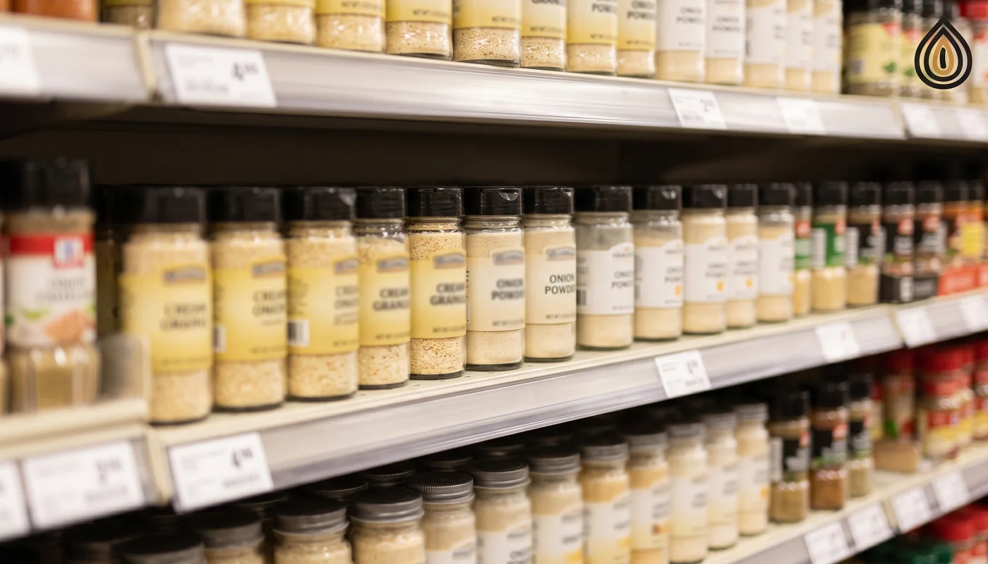 German supermarket spice shelf with jars of onion granules and powder, labels out of focus